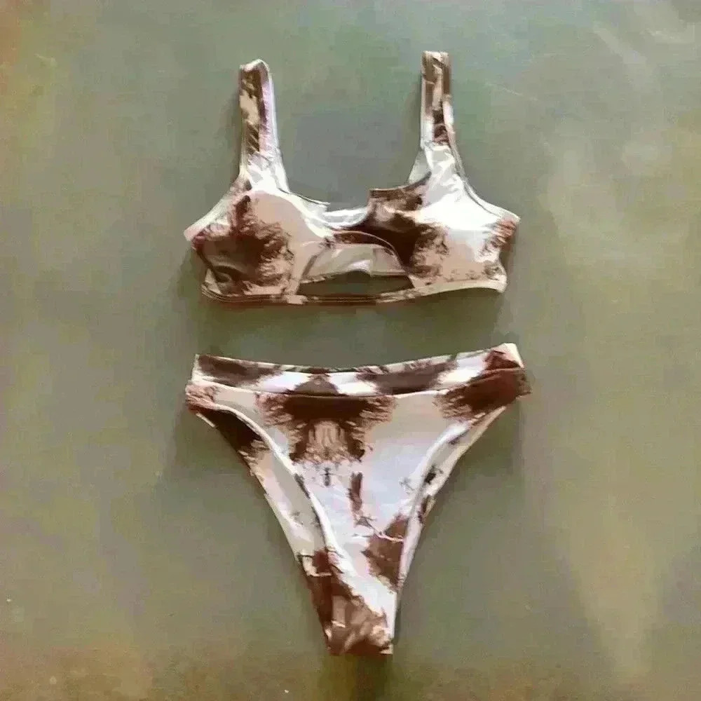 Women's Brown White Tie Dye Front Cut Out Two Piece Bikini Size M